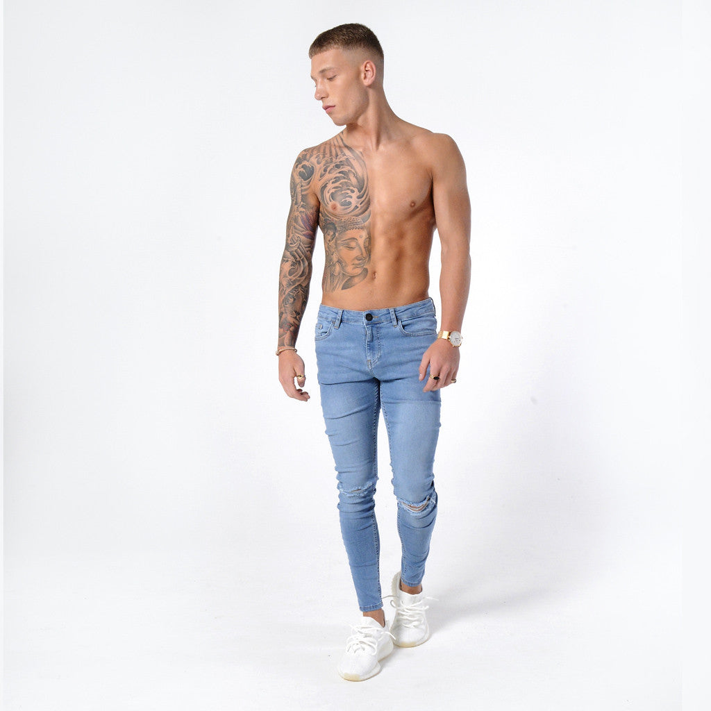 Light Blue Ripped Knee - Super Stretch Spray On Skinny - Raw Society