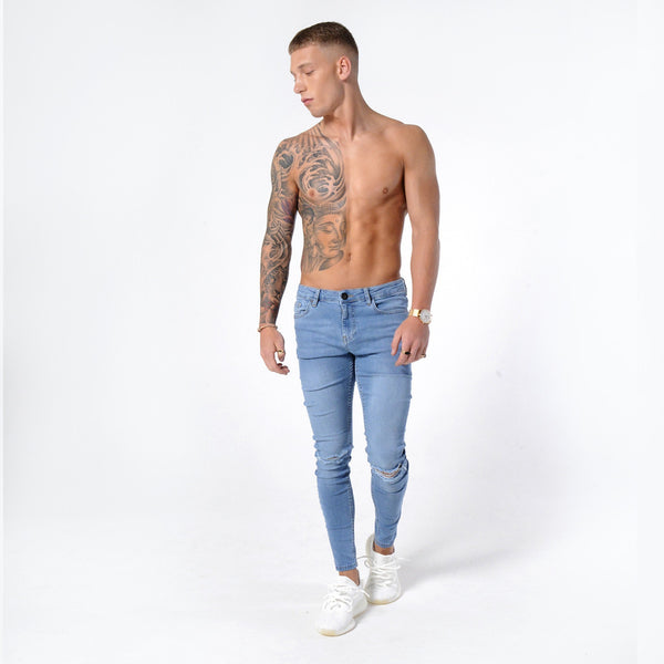 Light Blue Ripped Knee - Super Stretch Spray On Skinny - Raw Society