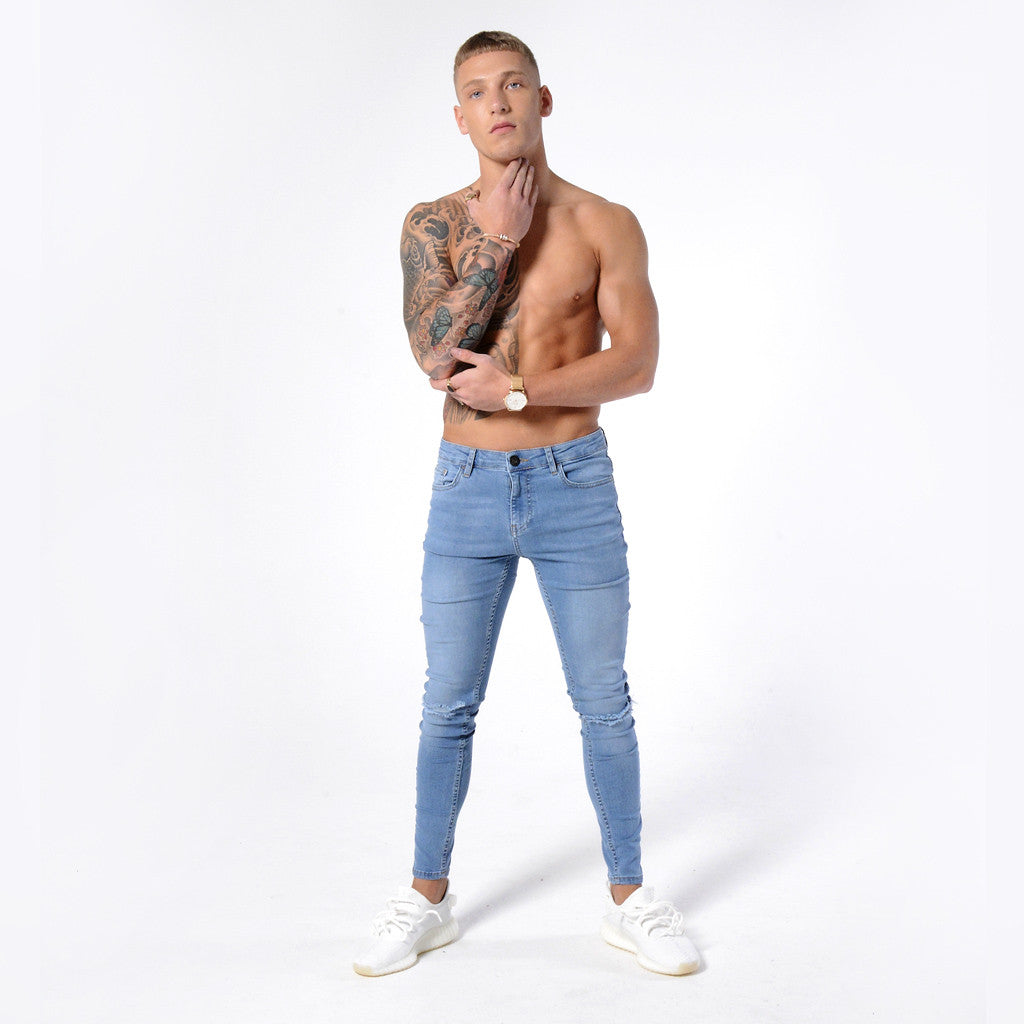 Light Blue Ripped Knee - Super Stretch Spray On Skinny - Raw Society