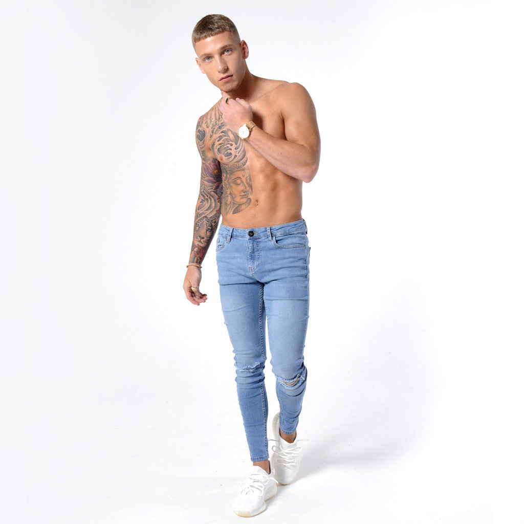 Light Blue Ripped Knee - Super Stretch Spray On Skinny - Raw Society