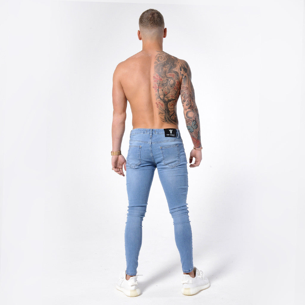 Light Blue Ripped Knee - Super Stretch Spray On Skinny - Raw Society