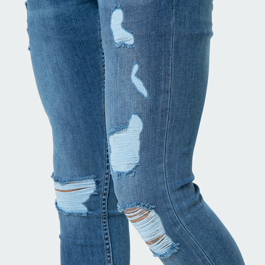 Dark Blue Ripped & Repaired - Super Stretch Spray On Skinny - Raw Society