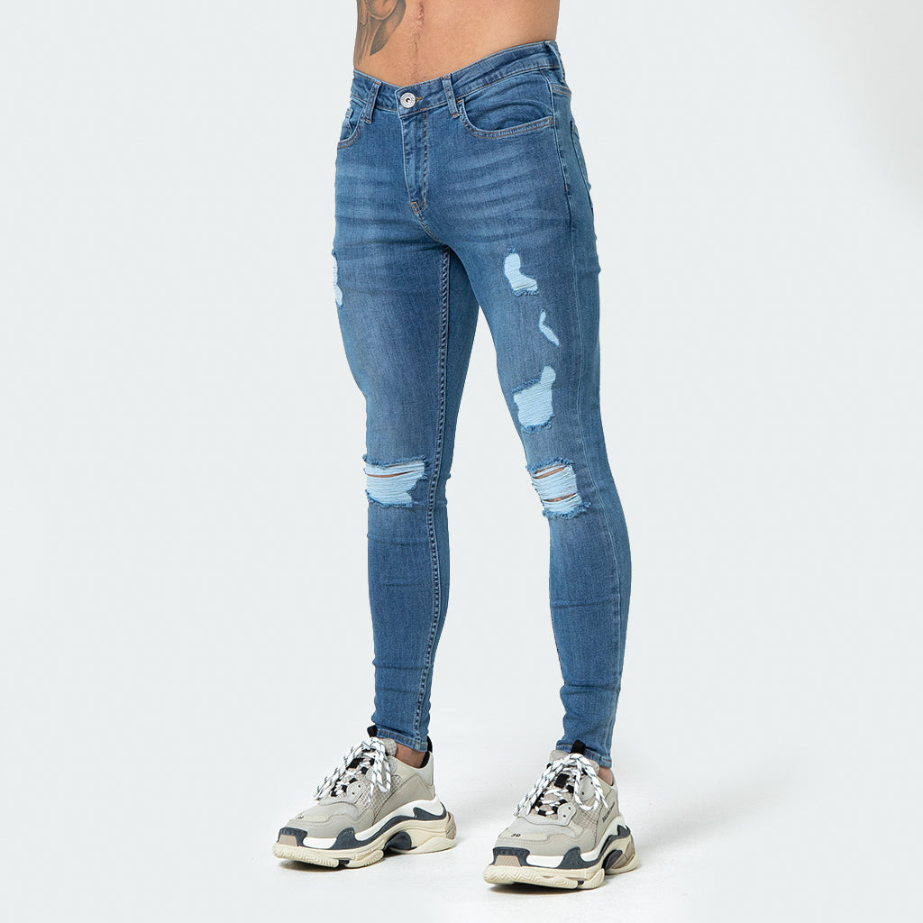 Dark Blue Ripped & Repaired - Super Stretch Spray On Skinny - Raw Society