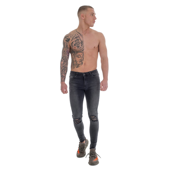Grey Ripped Knee - Super Stretch Spray On Skinny - Raw Society