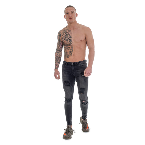 Grey Ripped & Repaired - Super Stretch Spray On Skinny - Raw Society