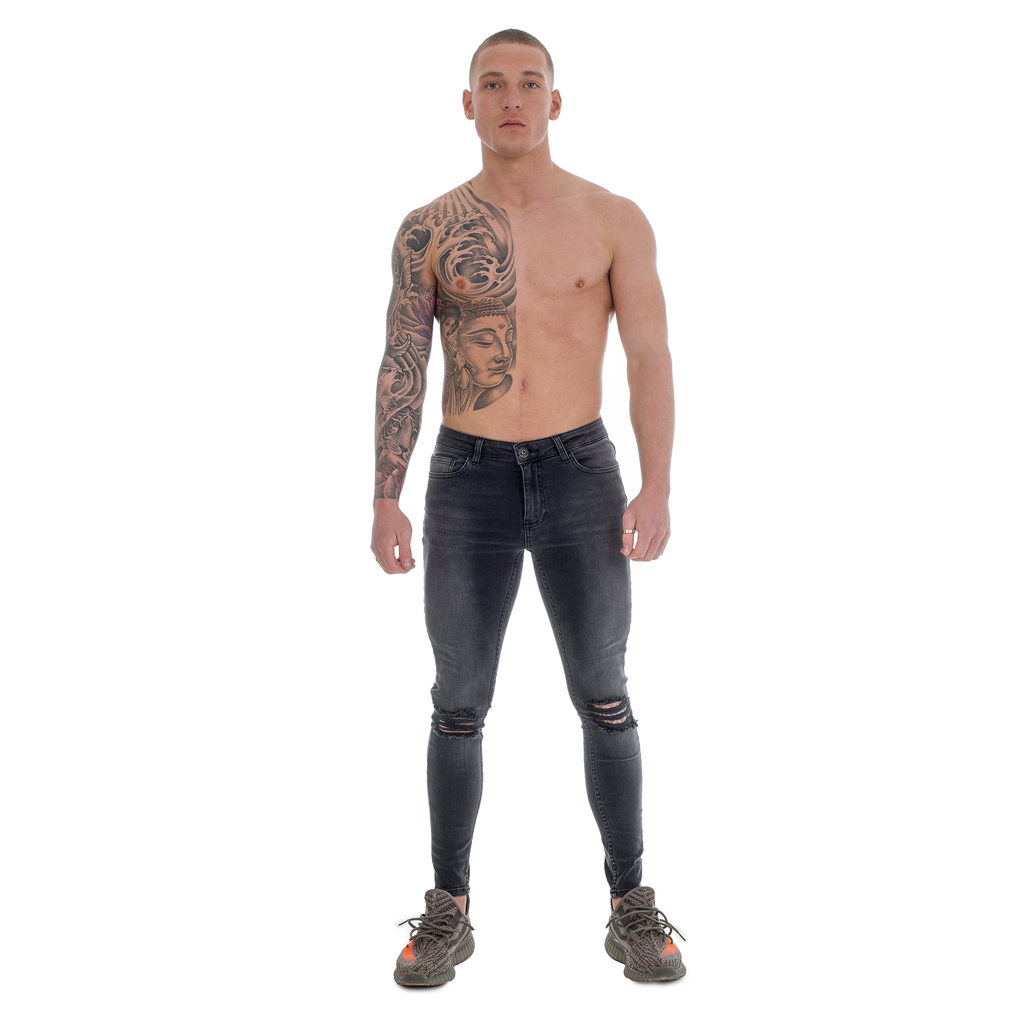 Grey Ripped Knee - Super Stretch Spray On Skinny - Raw Society
